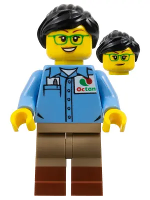 BDP123:  Train Worker Julia - Medium Blue Octan Shirt, Dark Tan Legs with Reddish Brown Boots, Green Glasses, Black Ponytail