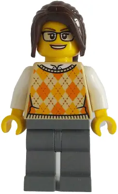 BDP129:  Ticket Vendor - Female, Tan Knit Argyle Sweater Vest, Dark Bluish Gray Legs, Dark Brown Hair Ponytail Long with Side Bangs, Glasses