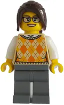 Minifigurka: BDP129:  Ticket Vendor - Female, Tan Knit Argyle Sweater Vest, Dark Bluish Gray Legs, Dark Brown Hair Ponytail Long with Side Bangs, Glasses
