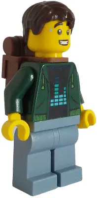 BDP130:  Traveler - Male, Dark Green Hoodie, Sand Blue Legs, Dark Brown Short Tousled Hair, Backpack
