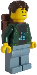 Minifigurka: BDP130:  Traveler - Male, Dark Green Hoodie, Sand Blue Legs, Dark Brown Short Tousled Hair, Backpack