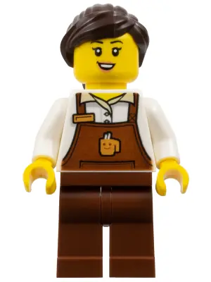 BDP132:  Barkeeper - Female, Reddish Brown Apron with Cup and Name Tag, Reddish Brown Legs, Dark Brown Hair Ponytail and Swept Sideways Fringe