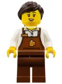 Minifigurka: BDP132:  Barkeeper - Female, Reddish Brown Apron with Cup and Name Tag, Reddish Brown Legs, Dark Brown Hair Ponytail and Swept Sideways Fringe