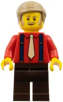 Minifigurka: BDP133:  Passenger - Male, Red Shirt with Tan Tie, Dark Brown Legs, Dark Tan Hair Short Combed