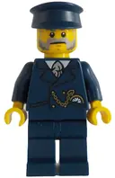 Minifigurka: BDP134:  Train Conductor - Male, Dark Blue Suit and Hat, Dark Bluish Gray and Light Bluish Gray Beard