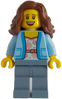 BDP135:  Passenger - Female, Bright Light Blue Jacket over White Shirt with Coral Flowers, Sand Blue Legs, Reddish Brown Wavy Hair