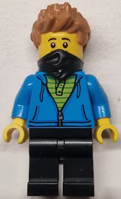 BDP138:  Train Worker - Male, Dark Azure Hoodie with Green Striped Shirt, Black Legs and Bandana, Medium Nougat Spiked Hair