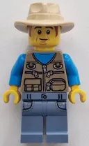 Minifigurka: BDP139:  Passenger - Male, Dark Tan Vest over Dark Azure Shirt, Sand Blue Legs with Pockets, Tan Fedora Hat