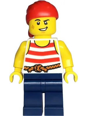 BDP144:  Pirate - Male, White Shirt with Red Stripes, Dark Blue Legs, Red Bandana