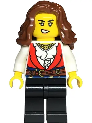 BDP145:  Pirate - Female, Red Vest over White Shirt, Black Legs, Reddish Brown Hair