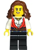 Minifigurka: BDP145:  Pirate - Female, Red Vest over White Shirt, Black Legs, Reddish Brown Hair
