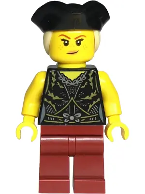 BDP146:  Pirate - Female, Black Dress Top, Dark Red Legs, Black Tricorne Hat with Tan Ponytail