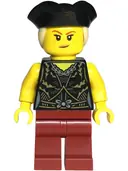Minifigurka: BDP146:  Pirate - Female, Black Dress Top, Dark Red Legs, Black Tricorne Hat with Tan Ponytail