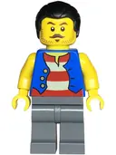 Minifigurka: BDP147:  Pirate - Male, Blue Vest, Dark Bluish Gray Legs, Black Hair with Short Ponytail