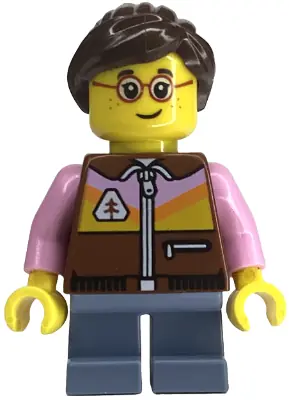 BDP148:  Child - Girl, Reddish Brown Jacket, Sand Blue Short Legs, Dark Brown Ponytail, Glasses, Freckles