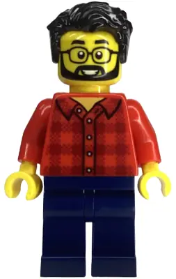 BDP149:  Camper - Male, Red Plaid Flannel Shirt, Dark Blue Legs, Black Hair, Glasses, Beard