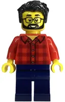 Minifigurka: BDP149:  Camper - Male, Red Plaid Flannel Shirt, Dark Blue Legs, Black Hair, Glasses, Beard