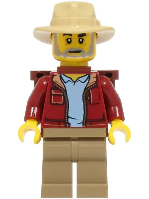 BDP157:  Lost City Explorer - Male, Dark Red Jacket with Bright Light Blue Shirt, Dark Tan Legs, Tan Fedora, Backpack