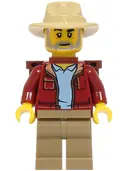 Minifigurka: BDP157:  Lost City Explorer - Male, Dark Red Jacket with Bright Light Blue Shirt, Dark Tan Legs, Tan Fedora, Backpack