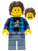 Minifigurka: BDP162:  The Art of Chocolate Customer - Male, Dark Azure Flannel Shirt, Dark Blue Banana T-Shirt, Sand Blue Legs, Dark Brown Short Wavy Hair