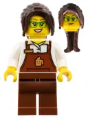 Minifigurka: BDP163:  The Art of Chocolate Barista - Female, Reddish Brown Apron with Cup and Name Tag, Reddish Brown Legs, Dark Brown Hair Ponytail Long