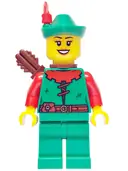 Minifigurka: BDP167:  Forest Stronghold Forestwoman - Red, Green Hat, Red Feather, Quiver, Open Mouth Smile