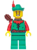 Minifigurka: BDP170:  Forest Stronghold Forestman - Red, Green Hat, Red Feather, Quiver, Open Mouth Smile
