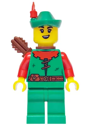 BDP175:  Forest Stronghold Forestwoman - Red, Green Hat, Red Feather, Quiver, Open Mouth Smile