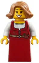 Minifigurka: BDP179:  Medieval Seaside Market Baker - Female, Dark Red Dress, Medium Nougat Hair