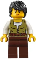 Minifigurka: BDP181:  Medieval Seaside Market Snake Charmer - Female, Vest over White Shirt, Dark Brown Legs, Black Hair