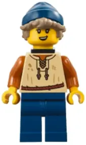 BDP186:  Medieval Seaside Market Fisher - Female, Tan Vest, Dark Blue Legs, Neck Bracket, Dark Tan Hair, Dark Blue Beanie