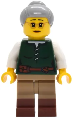 BDP188:  Riverside Scholars - Female, Dark Green Laced Shirt, Dark Tan Legs with Molded Reddish Brown Boots, Light Bluish Gray Hair with Top Knot Bun