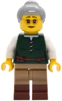 Minifigurka: BDP188:  Riverside Scholars - Female, Dark Green Laced Shirt, Dark Tan Legs with Molded Reddish Brown Boots, Light Bluish Gray Hair with Top Knot Bun