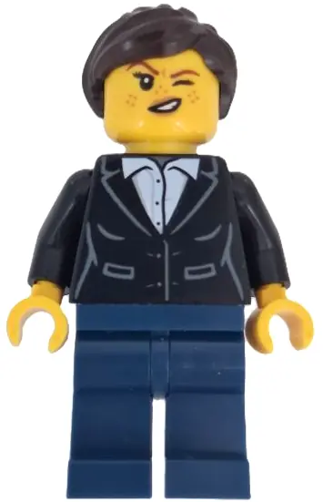 BDP193:  Wild West Train Bandit - Female, Black Jacket over White Shirt, Dark Blue Legs, Dark Brown Ponytail