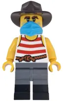 Minifigurka: BDP194:  Wild West Train Bandit - Male, White Tank Top with Red Stripes, Dark Bluish Gray Legs with Black Boots, Dark Azure Bandana, Dark Brown Fedora