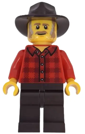 BDP195:  Wild West Train Stable Hand - Male, Red Plaid Flannel Shirt, Dark Brown Legs and Fedora