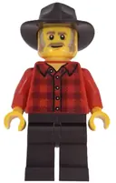 Minifigurka: BDP195:  Wild West Train Stable Hand - Male, Red Plaid Flannel Shirt, Dark Brown Legs and Fedora
