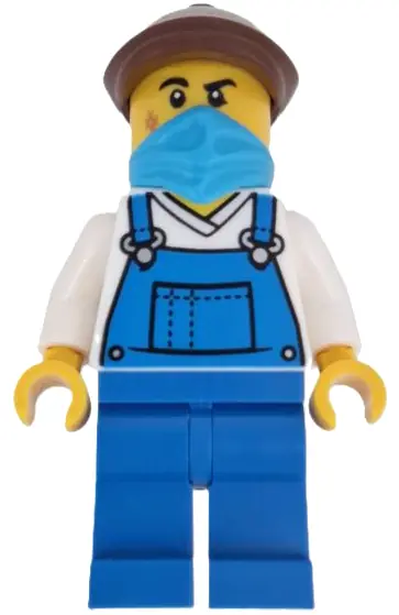 BDP196:  Wild West Train Stable Hand - Male, Blue Overalls, Blue Legs, Dark Azure Bandana, Reddish Brown Flat Cap