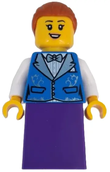 BDP197:  Wild West Train Passenger - Female, Blue Vest, Dark Purple Skirt, Dark Orange Hair with Bun