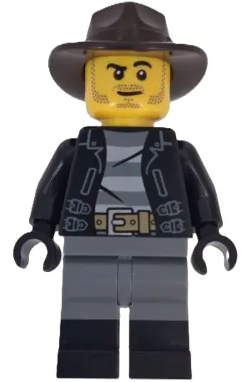 BDP199:  Wild West Train Cowboy - Male, Black Jacket, Dark Bluish Gray Legs with Black Boots, Dark Brown Fedora