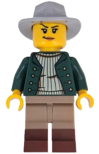 BDP200:  Wild West Train Cowboy - Female, Dark Green Jacket, Dark Tan Legs with Reddish Brown Boots, Light Bluish Gray Fedora