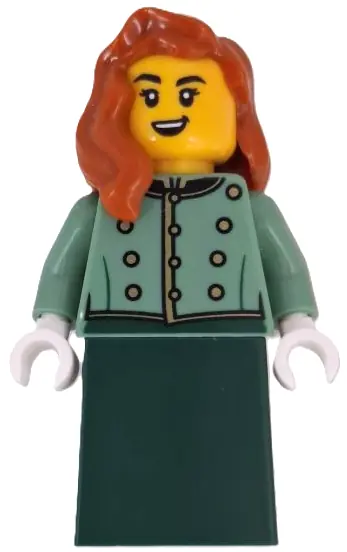 BDP201:  Wild West Train Passenger - Female, Sand Green Vest, Dark Green Skirt, Dark Orange Hair Over Shoulder