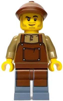 BDP204:  Merchant Boat Mechanic - Male, Dark Tan Shirt with Reddish Brown Apron, Sand Blue Legs, Reddish Brown Flat Cap, Stubble