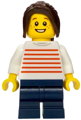 BDP205:  Merchant Boat - Girl, White Sweater with Red Horizontal Stripes, Dark Blue Medium Legs, Dark Brown Hair Ponytail Long with Side Bangs, Freckles
