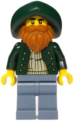 BDP207:  Merchant Boat Captain - Male, Dark Green Open Jacket, Sand Blue Legs, Dark Green Hat, Dark Orange Beard