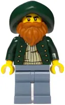 Minifigurka: BDP207:  Merchant Boat Captain - Male, Dark Green Open Jacket, Sand Blue Legs, Dark Green Hat, Dark Orange Beard