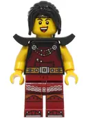 Minifigurka: BDP209:  Blacksmith - Female, Dark Red Overalls and Legs with Trim, Black Hair, Shoulder Pads