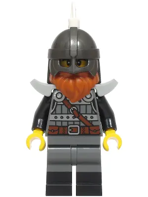 BDP210:  Knight - Male, Dark Bluish Gray and Silver Armor, Black Boots, Pearl Dark Gray Helmet, White Feather, Dark Orange Beard, Light Bluish Gray Shoulder Pads