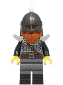 Minifigurka: BDP210:  Knight - Male, Dark Bluish Gray and Silver Armor, Black Boots, Pearl Dark Gray Helmet, White Feather, Dark Orange Beard, Light Bluish Gray Shoulder Pads