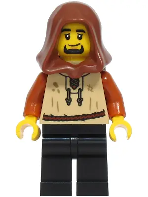 BDP214:  Peasant - Male, Tan Vest, Black Legs, Reddish Brown Hood, Dark Tan Backpack